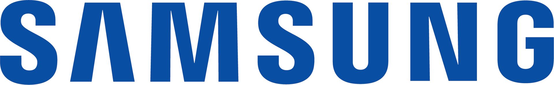 A blue samsung logo on a white background.