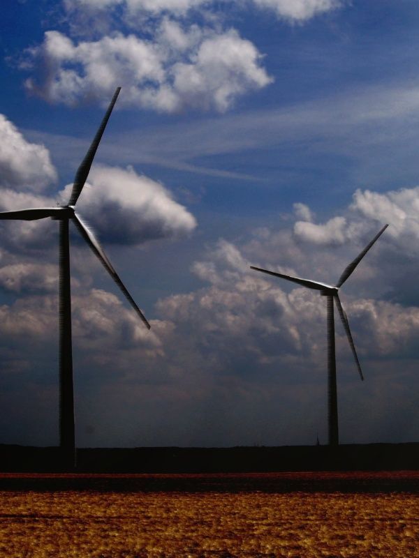 Large wind turbines in an open field under a cloudy sky representing renewable energy and environmental law.