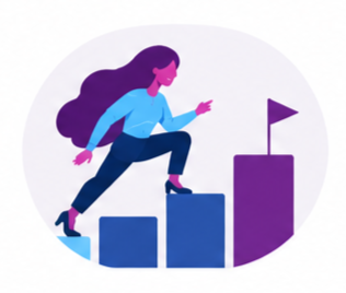 Woman climbing blue and purple bar steps toward a flag