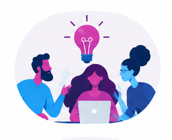 Three people collaborating around a laptop with a glowing lightbulb idea icon above them