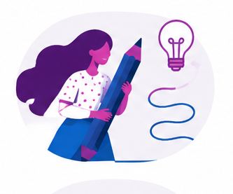 Person holding a large pencil beside a lightbulb icon, with a wavy line on a white background