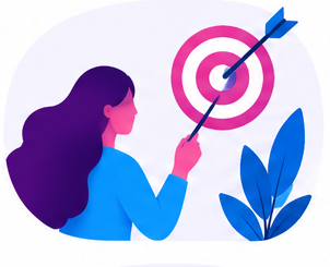 Person aiming an arrow at a pink target with blue leaves in a minimalist illustration