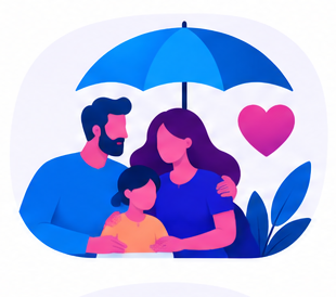 Family under a blue umbrella with a pink heart and leaves in a blue-pink illustration