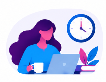Woman working on laptop beside a clock, holding a mug, with books and plants on a desk