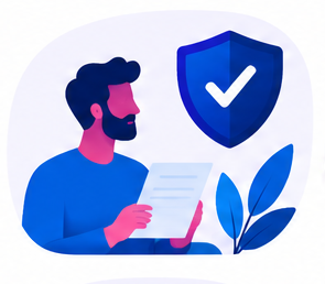 Person holding a document beside a blue shield with a checkmark icon