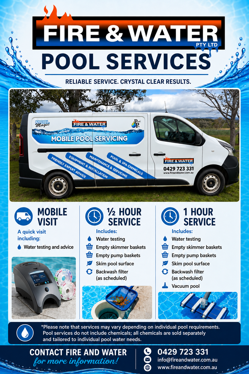 Fire & Water Pool Services van ad with mobile visit, 24-hour service, and pool maintenance details — Fire & Water Pty Ltd in Mudgee, NSW