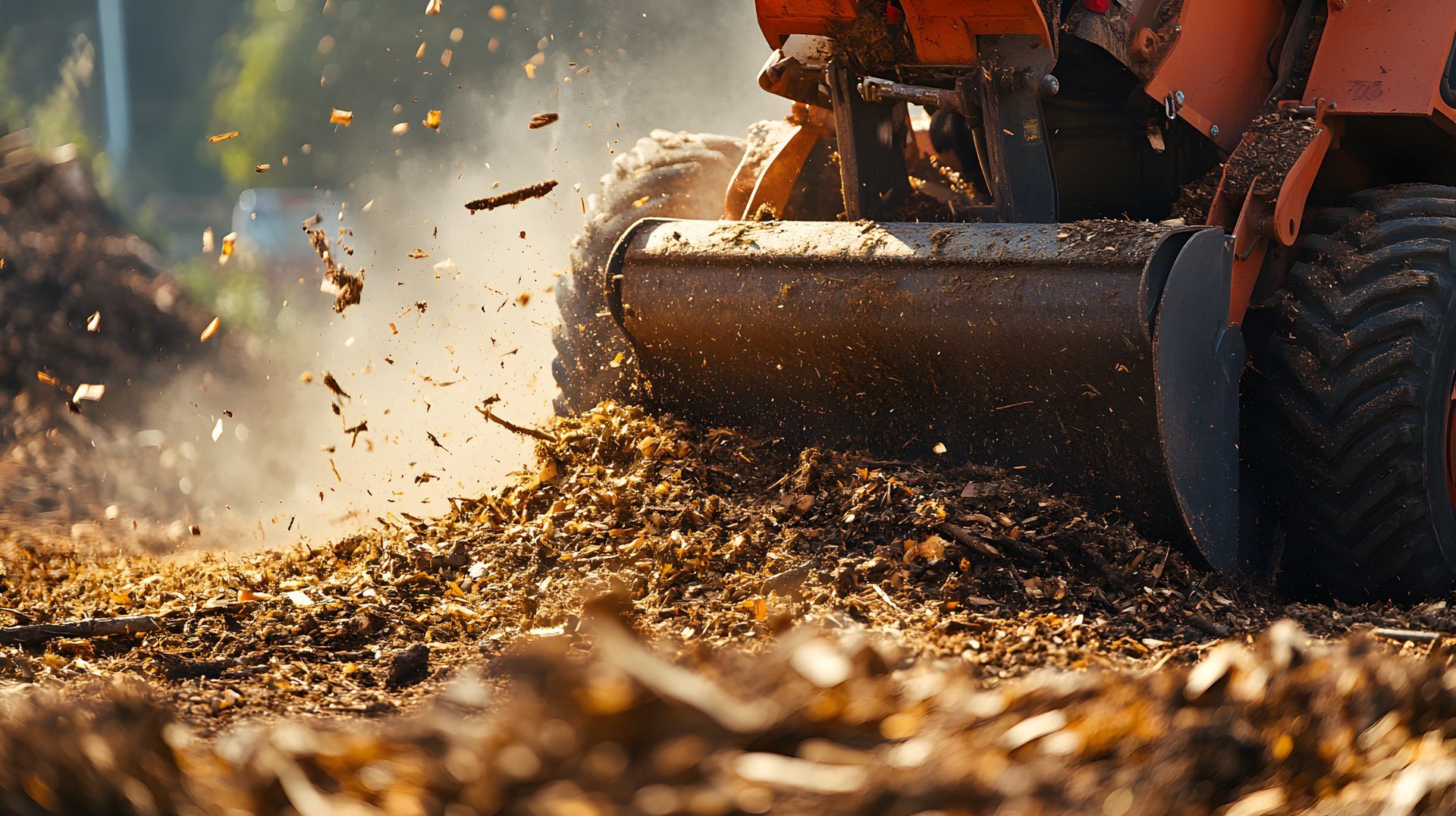 a skid steer loader churning and moving mulch on a construction or landscaping site. a skid steer loader churning and moving mulch on a construction or landscaping site.
