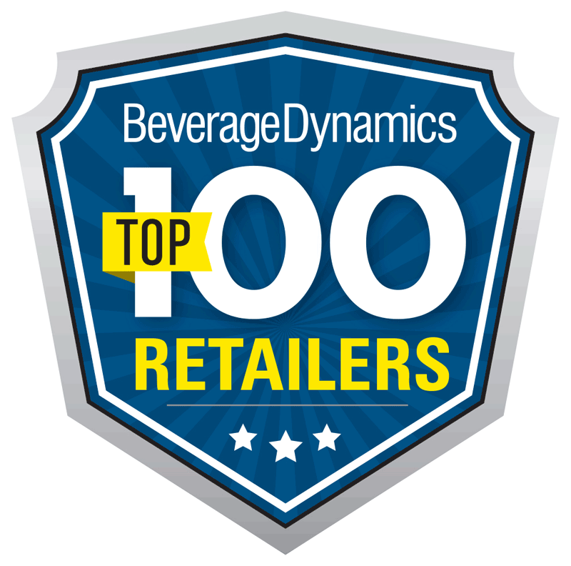 Beverage Dynamics Top 100 Retailers blue shield logo with white and yellow text