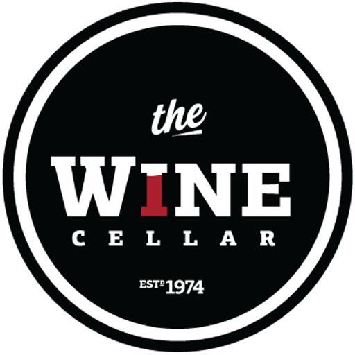 Round black logo for The Wine Cellar with white text, red “I,” and EST 1974.