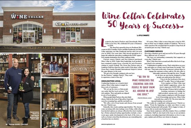 Wine Cellar storefront and staff photo with article headline “Wine Cellar Celebrates 5 Years of Success”