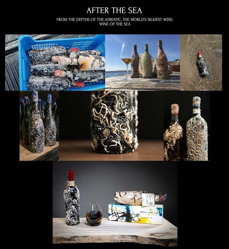 Collage of sea-trash covered bottles and glass art with the title “AFTER THE SEA” on a black background