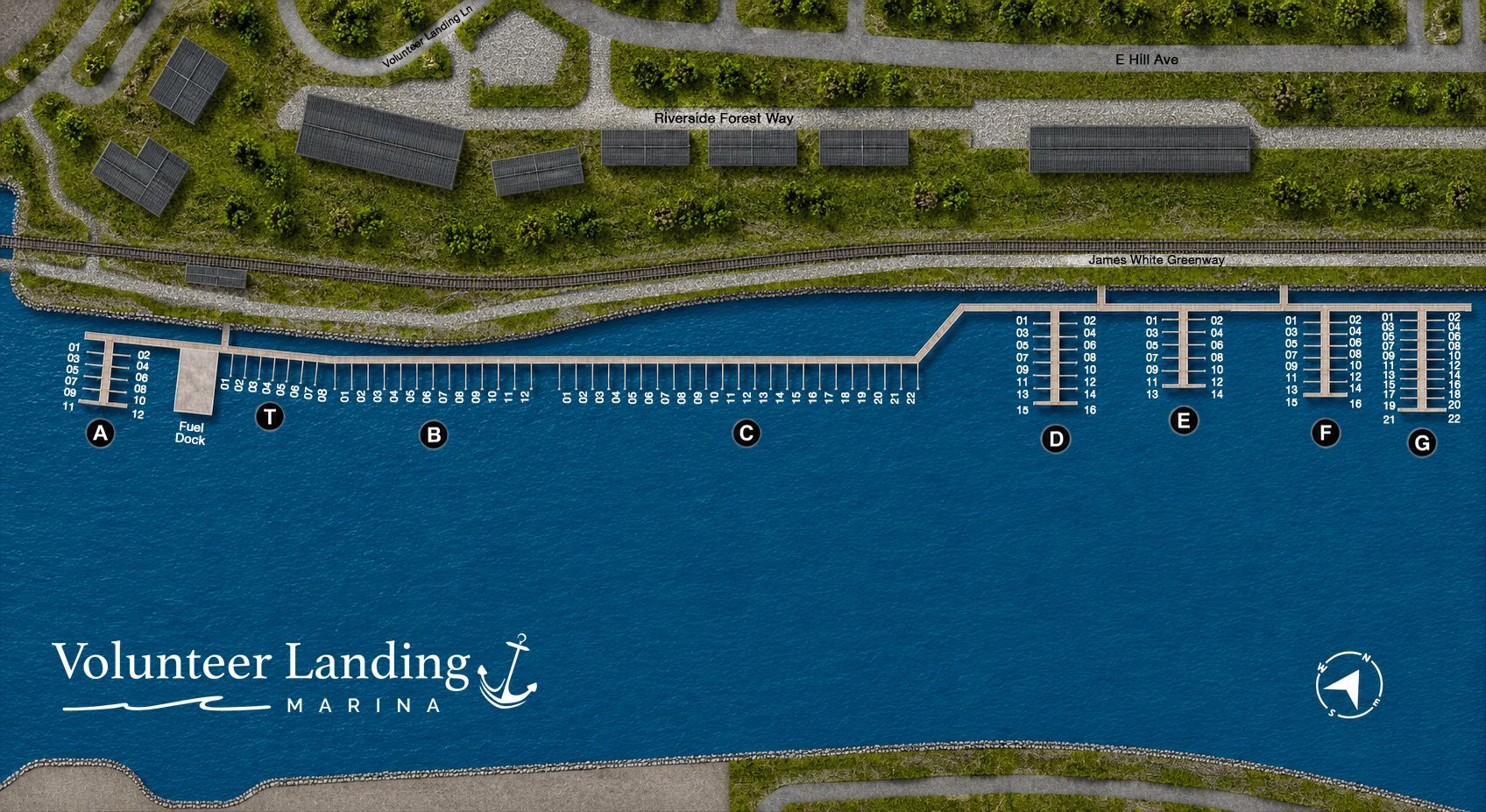 Aerial map of Volunteer Landing marina with docks along blue river and green shoreline.