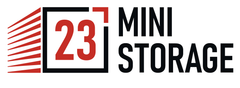 23 Mini Storage logo in red, black, and white with a stylized building icon and red speed lines