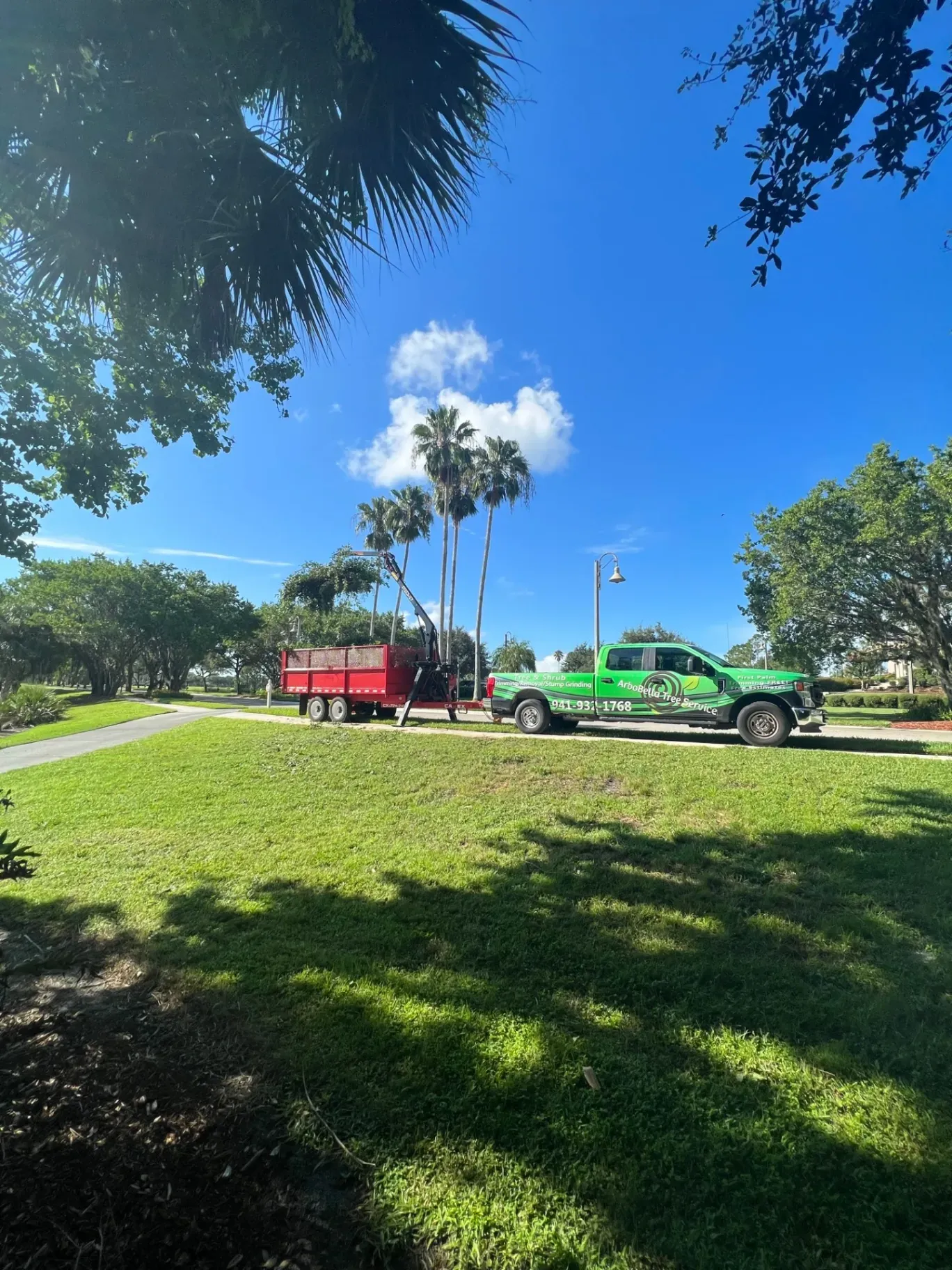 Bright green utility truck and red trailer on a grassy roadside under palm trees in sunny weather