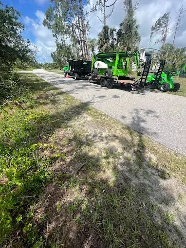 Green roadside equipment on a quiet paved road beside trees and brush under a sunny sky