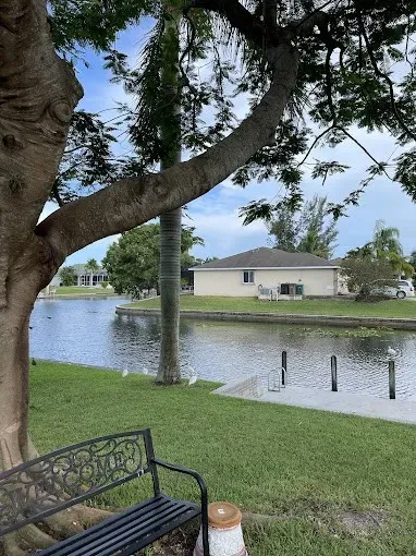 Flooded backyard with a tree, bench, lawn, and a house across the water