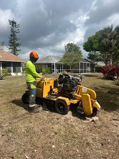 Worker in orange helmet operates a yellow stump grinder on a grassy yard near houses under cloudy skies