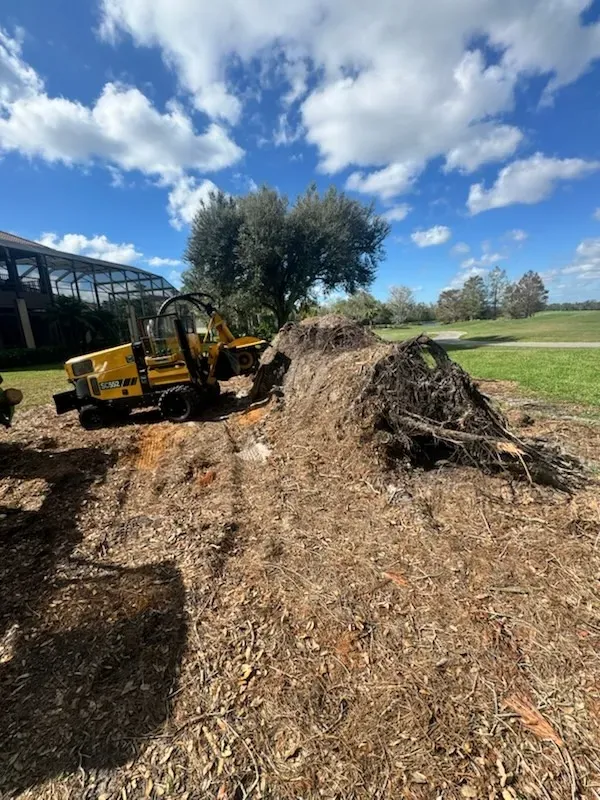 Yellow excavator clearing a large pile of wood chips in a grassy field under a blue sky