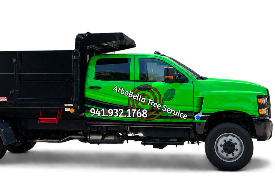 Bright green and black service truck with a dump bed, shown in side view on a white background.