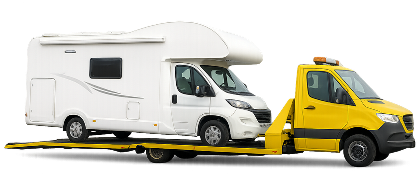 Carro attrezzi giallo che trasporta un camper bianco su un pianale.