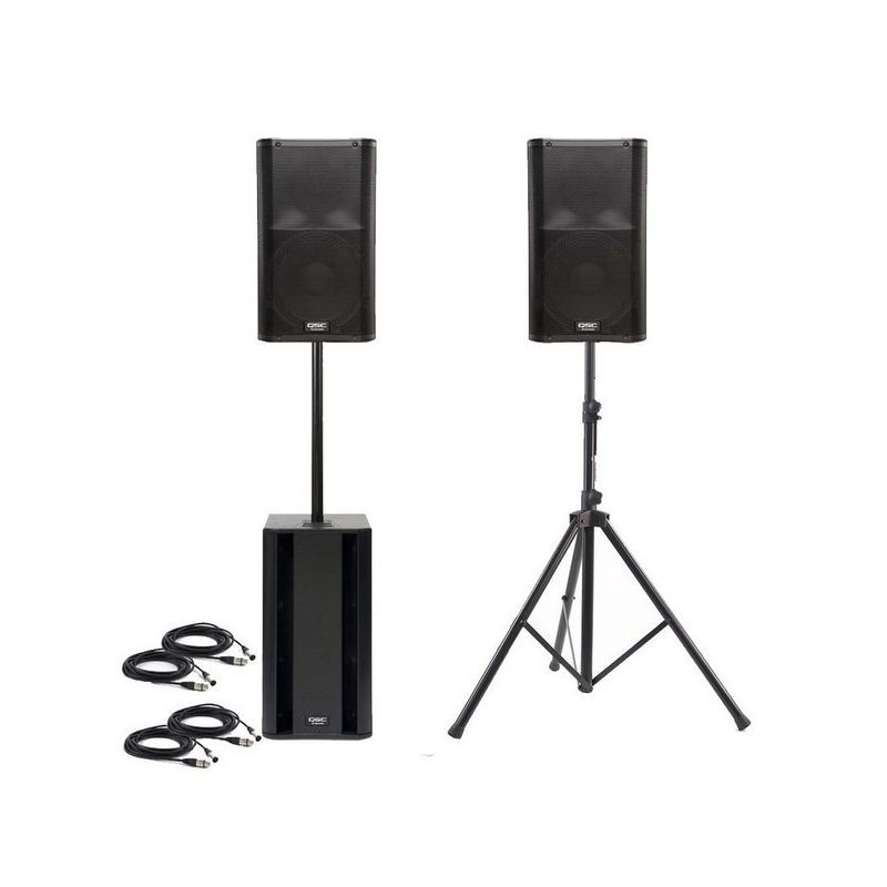 Two black PA speakers on stands with cables. One is on a pole over a subwoofer.