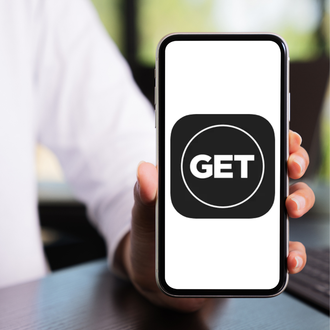 Holding a phone with GET Mobile app