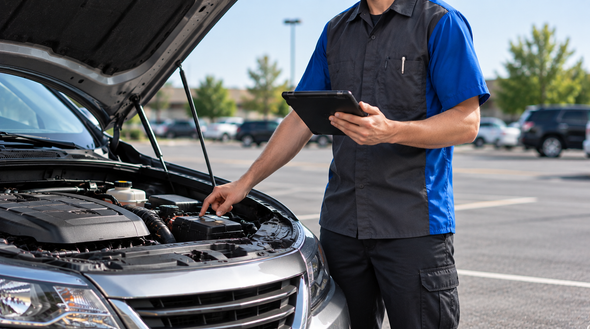 Mechanic in blue shirt inspecting a car engine with a tablet in a parking lot