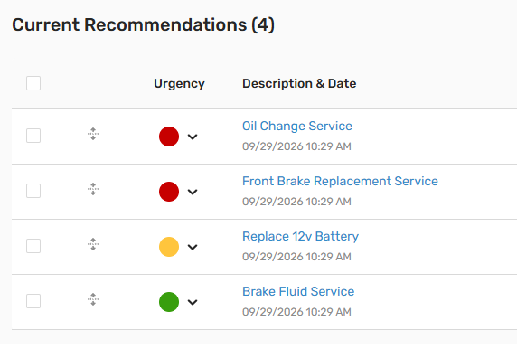 List of four vehicle service recommendations with colored urgency dots: red, red, yellow, and green.