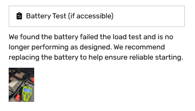 Battery test report: battery failed load test; replacing it is recommended for reliable starting.