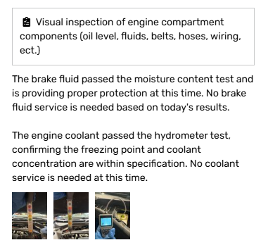 Vehicle inspection report text with three small engine-compartment photos at the bottom