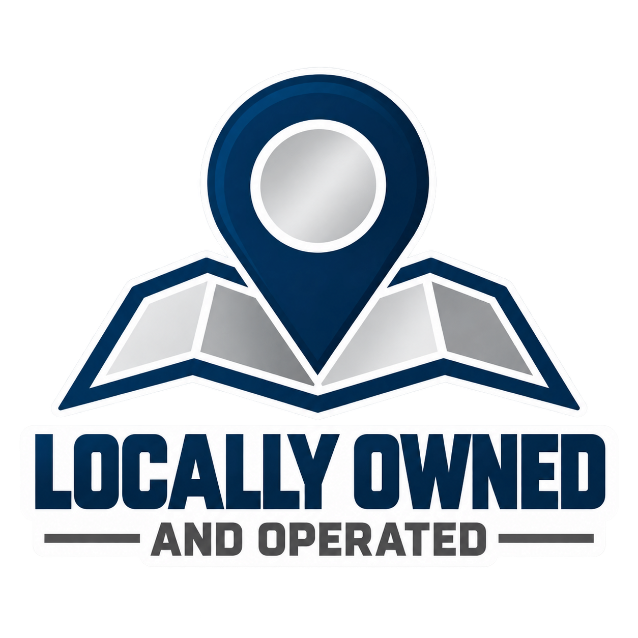 Blue “Locally Owned and Operated” logo with a location pin over an open map icon