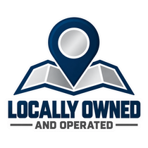 Blue “Locally Owned and Operated” logo with a location pin over an open map icon