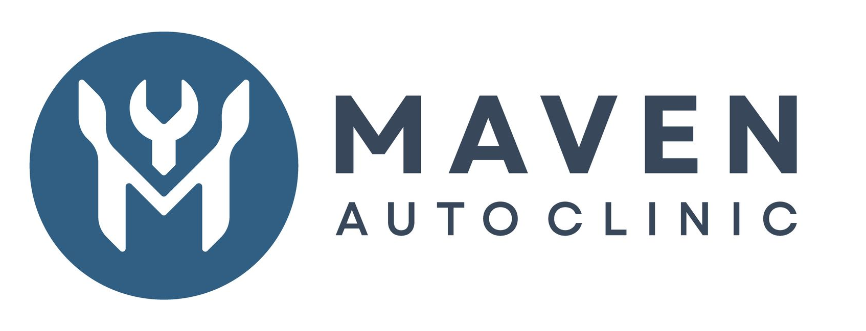 Maven Autoclinic logo with blue wrench-and-M inside a circle and gray text