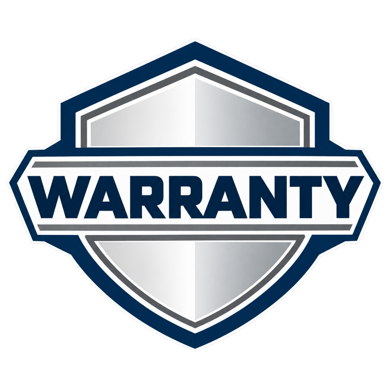 Blue and silver warranty badge with bold “WARRANTY” text across the center