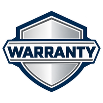 Blue and silver warranty badge with bold “WARRANTY” text across the center