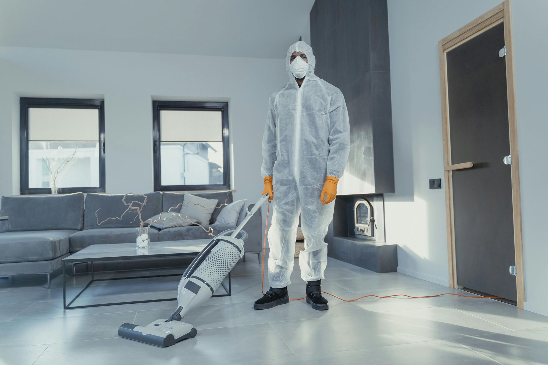 Um homem em um traje de proteção está limpando uma sala de estar com um aspirador de pó.
