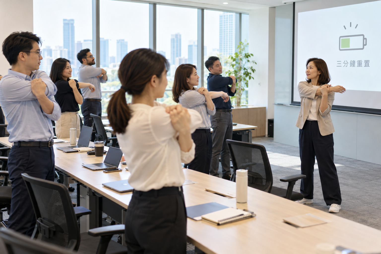 企業健康講座現場，健康講座講師帶領員工進行三分鐘身心重置與簡單伸展活動