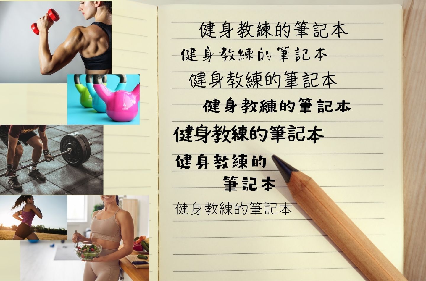 一幅拼贴画，上面是健身照片，旁边是一个笔记本，笔记本上反复出现中文文字“健身教练的笔记本”。