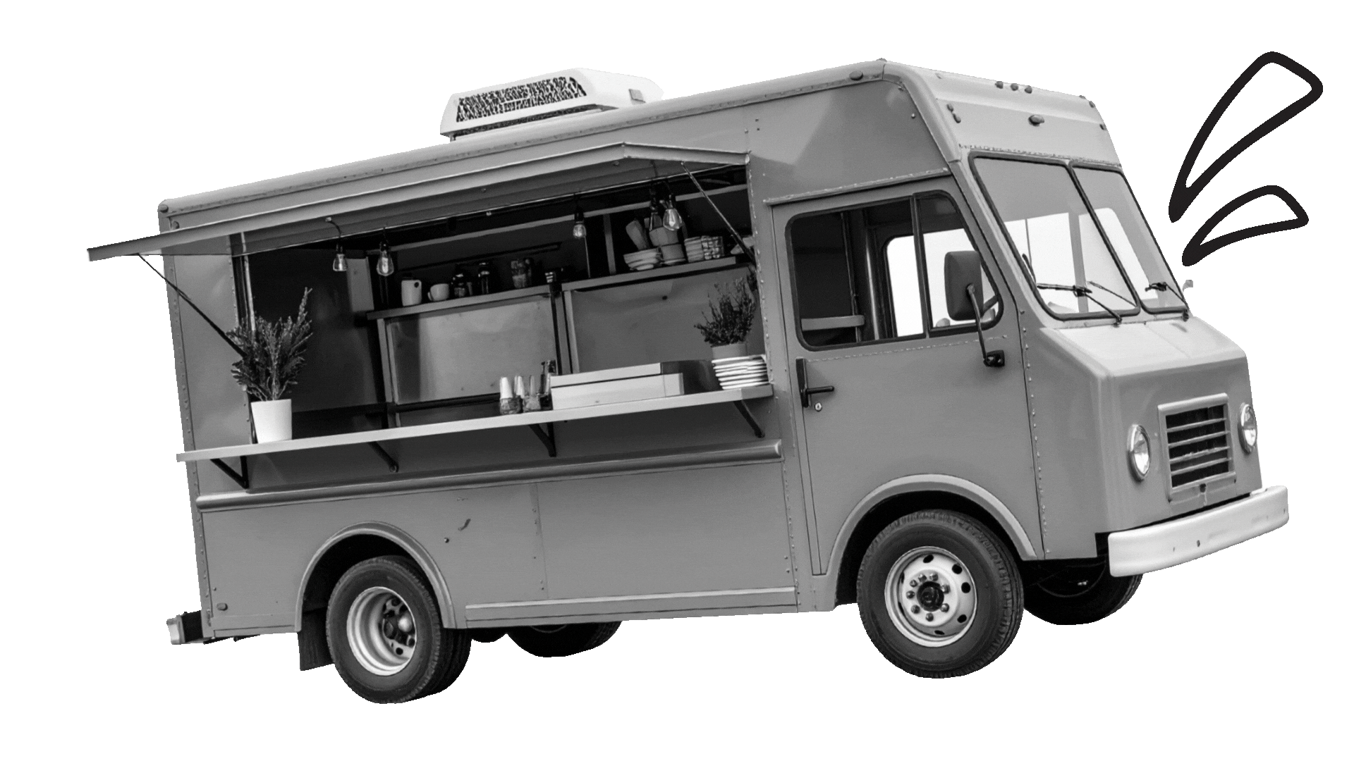 Food truck with open service window, in grayscale.