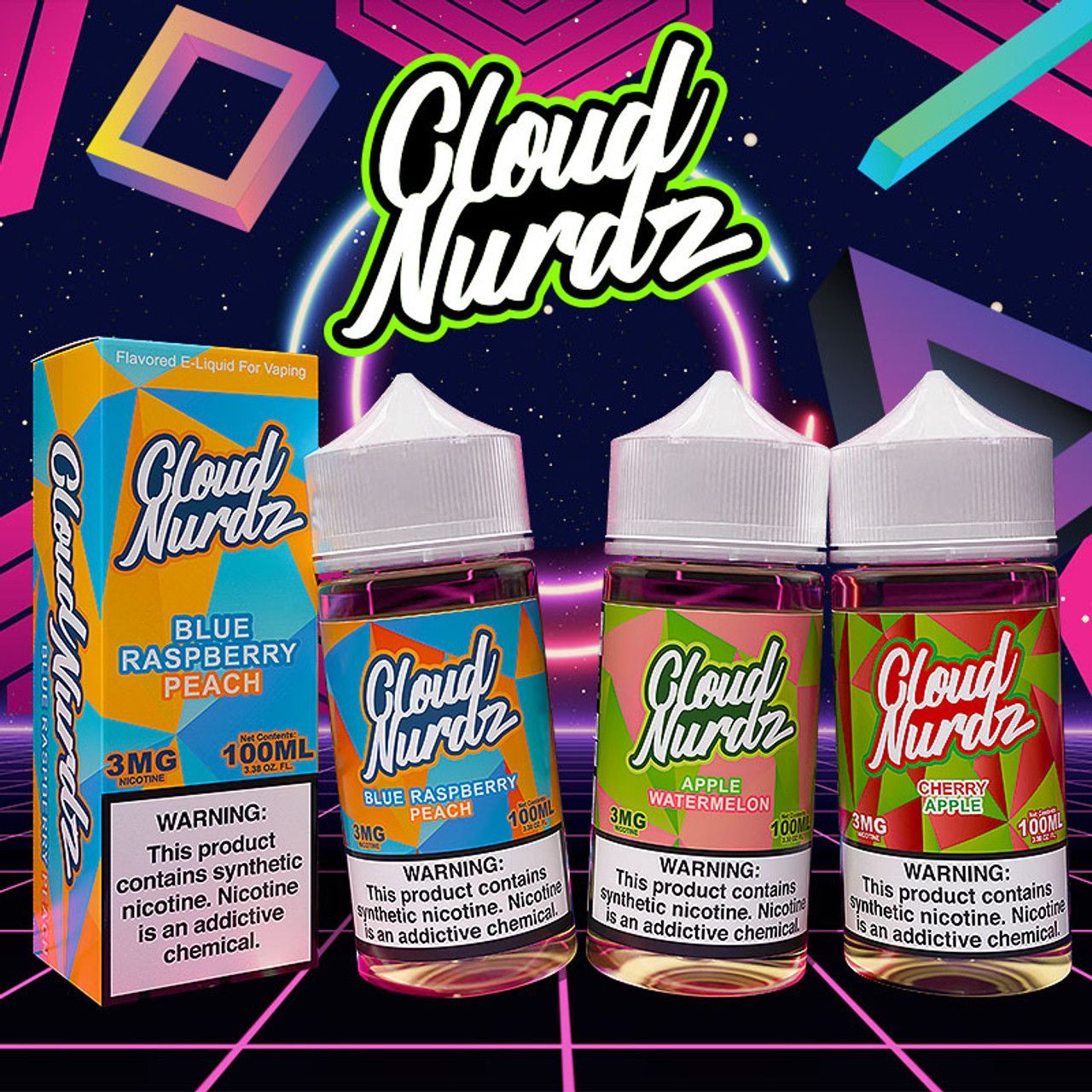 Cloud Nurdz e-liquid bottles: Blue Raspberry Peach, Strawberry Peach, Grape Apple, and Watermelon.