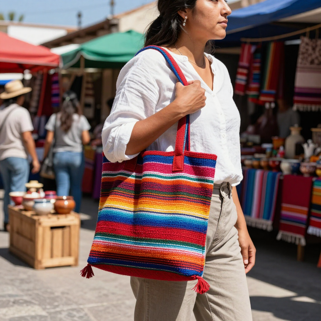 Woman carrying a colorful striped tote bag at an outdoor market stall