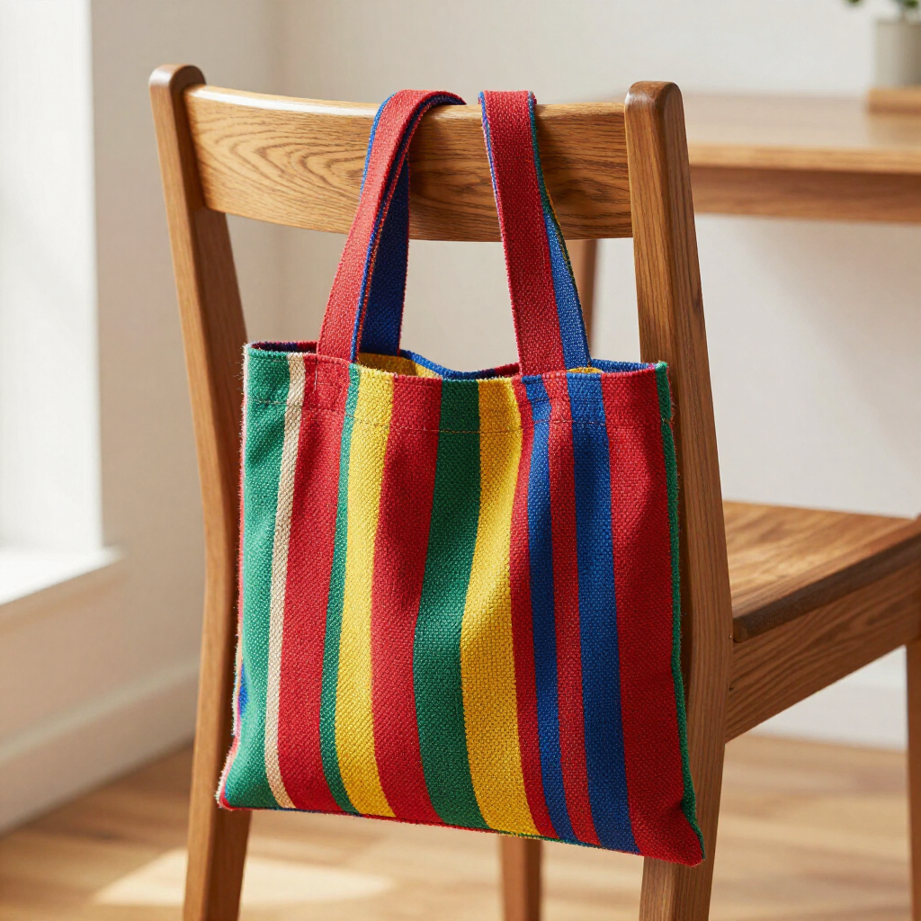 Colorful striped tote bag hanging on a wooden chair in a bright room
