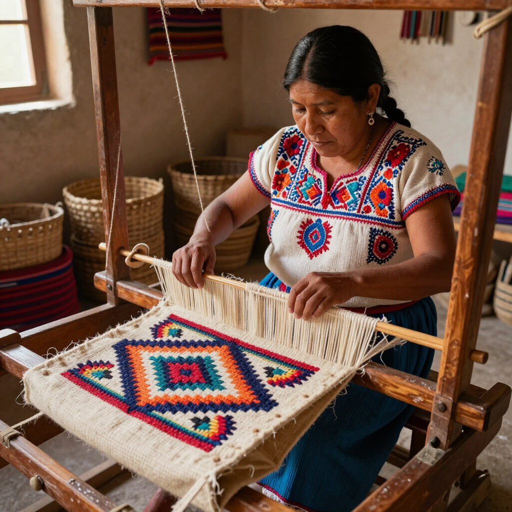 Woman weaving a colorful geometric textile on a traditional wooden loom in a workshop