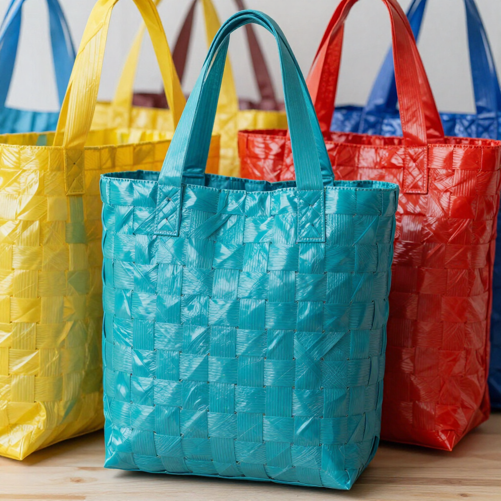Colorful reusable tote bags in yellow, teal, and red lined up on a table.