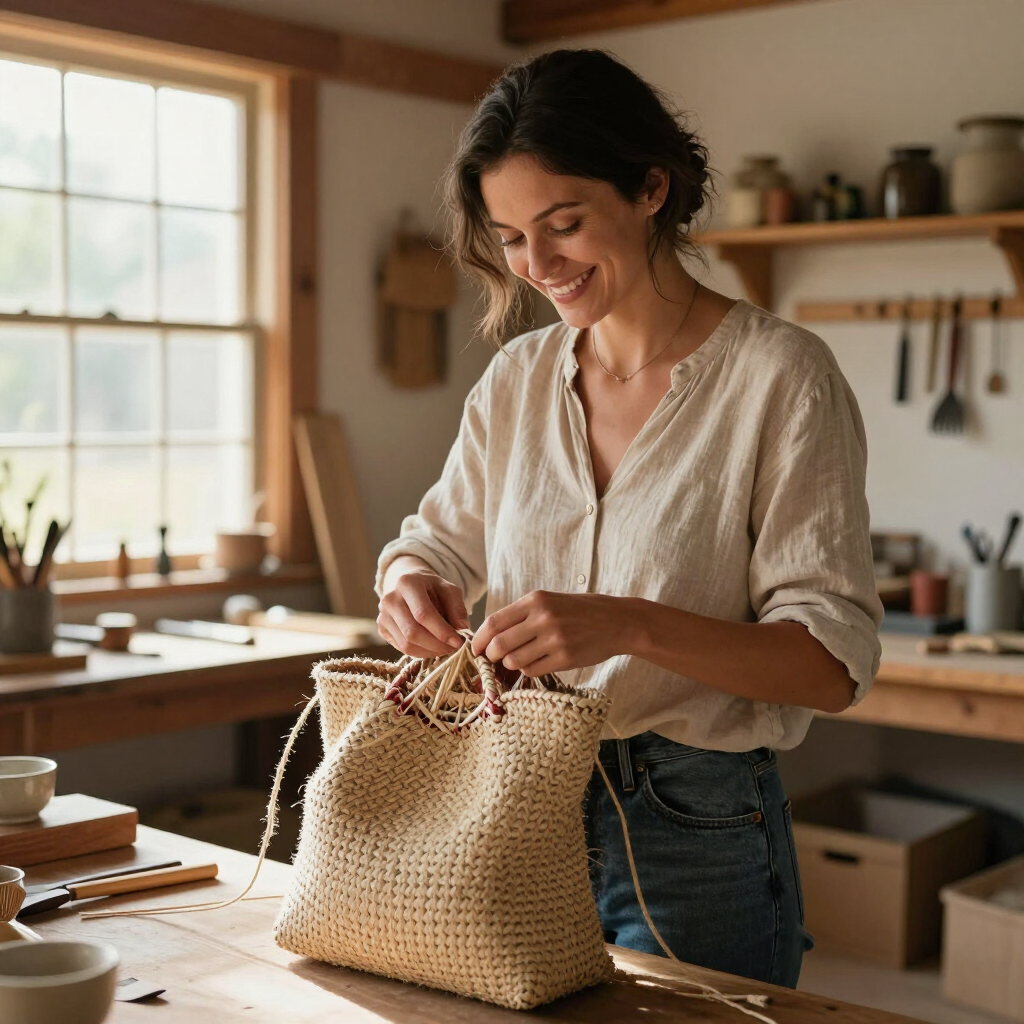 Woman weaving a straw tote bag in a sunlit workshop, smiling at a wooden table.