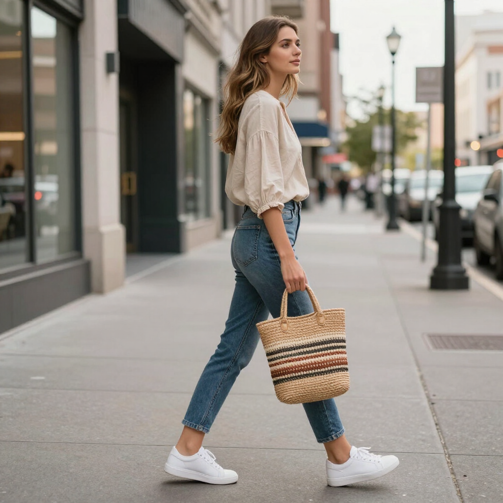 Woman walking on a city sidewalk, carrying a striped tote bag and wearing jeans, white sneakers, and a beige blouse