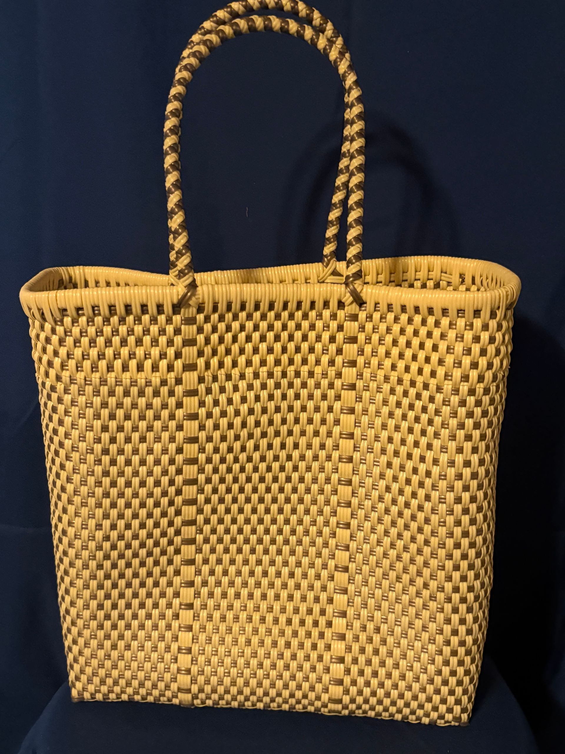 Woven straw tote bag with braided handles on a dark blue background