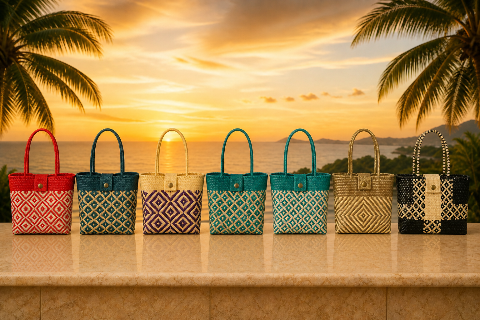 Colorful woven beach bags lined on a wall at sunset with palm trees framing the scene.