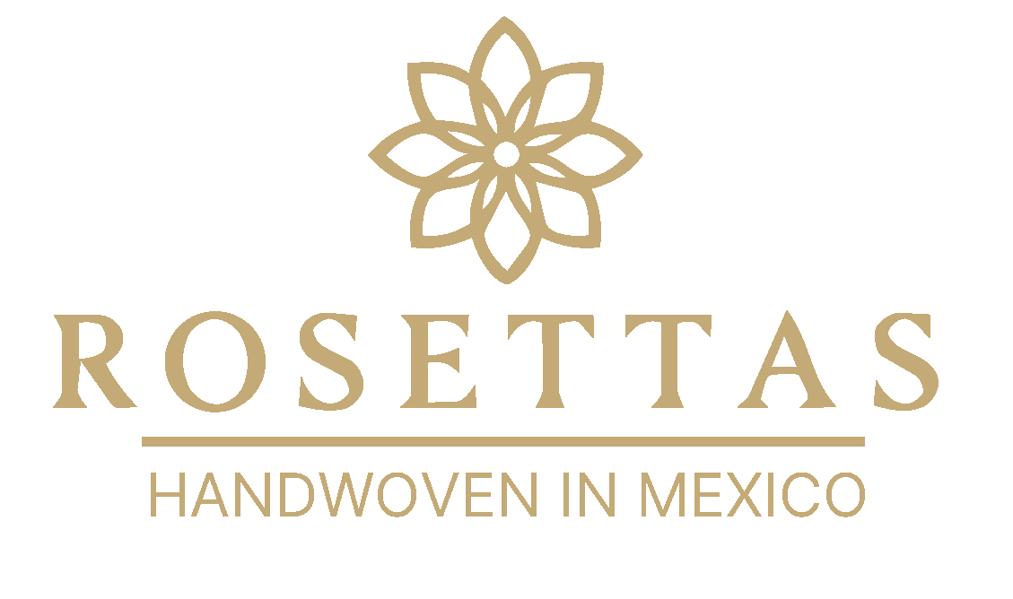 Rosettas logo with gold floral icon and text “ROSETTAS” and “HANDWOVEN IN MEXICO” on white background