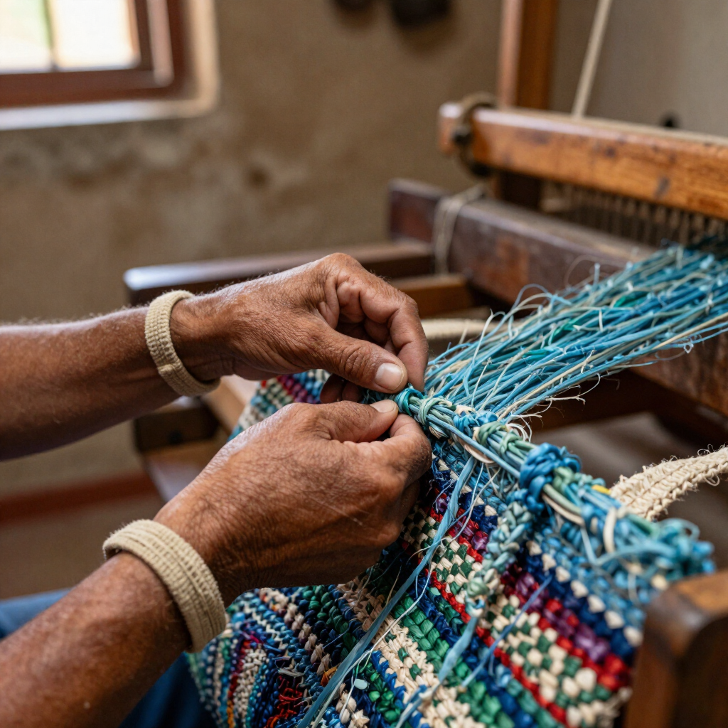 Hands weaving colorful fabric on a loom in a workshop